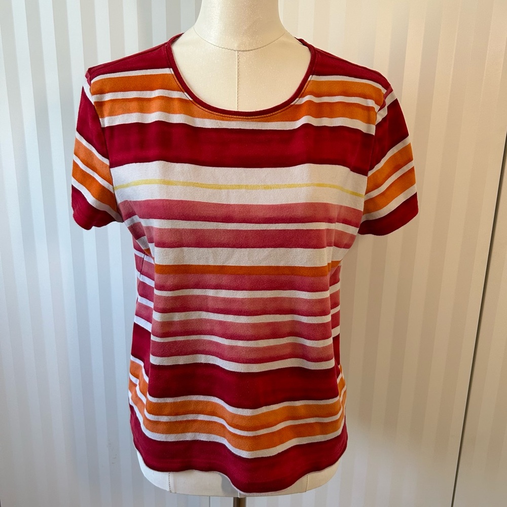 Croft & Barrow red white yellow orange striped tee 100% cotton soft Size L
